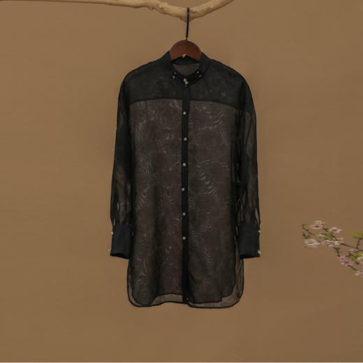 玉牡丹孔罗真丝绡国风衬衫 商品图1