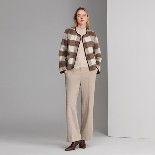 EITIE爱特爱提拉米苏大方格甜蜜暖冬绵羊毛混纺面料领部门襟袖口皮质包边点缀金属纽扣保暖舒适大衣8414116 商品图1