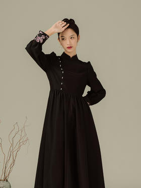 荷言GL旧时闺秀 盛轩 黑色新中式旗袍连衣裙 袖口拼接非遗漳绒