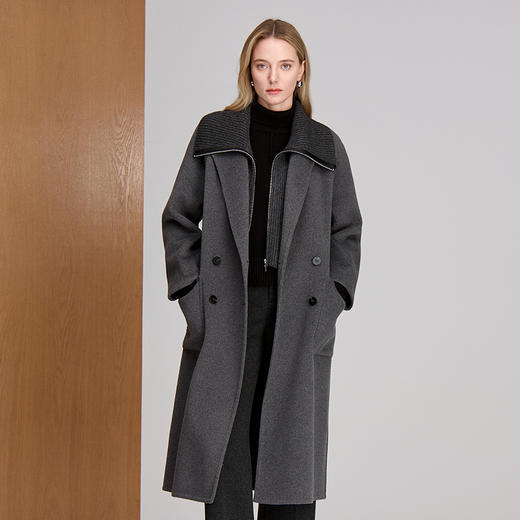 EITIE爱特爱双排扣长款绵羊毛牦牛毛绒混纺灰色大衣8414113 商品图3