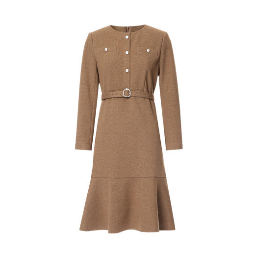 EITIE爱特爱优雅鱼尾收腰显瘦驼色呢子长袖连衣裙秋冬新款D2507923 商品图5