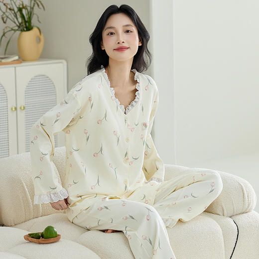 【换季出清】自然醒甜憩女士家居服100%棉长袖长裤圆领开衫睡衣QH 商品图6