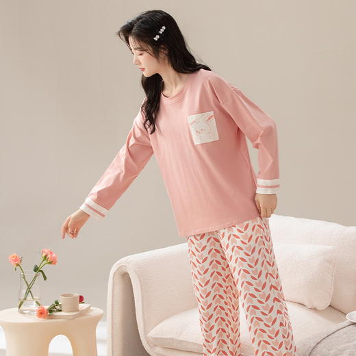 【换季出清】自然醒柔汐（带胸垫）女士家居服100%棉长袖长裤套头睡衣QH 商品图2