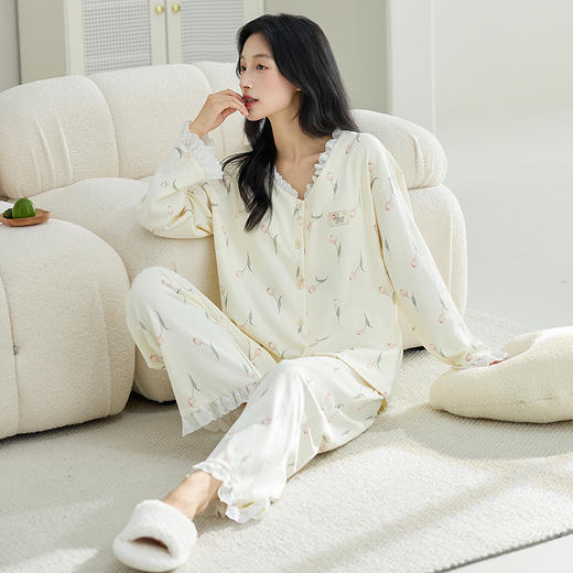 【换季出清】自然醒甜憩女士家居服100%棉长袖长裤圆领开衫睡衣QH 商品图9