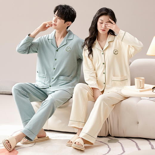 【换季出清】自然醒云梦情侣家居服100%棉加厚长袖长裤开衫睡衣QH 商品图2