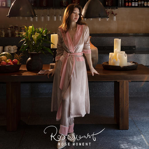 真丝丝绒翻领珍珠边长款睡袍 P02548 商品图2