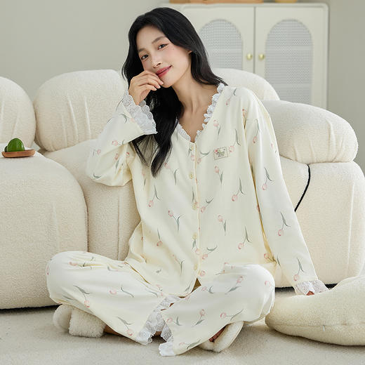 【换季出清】自然醒甜憩女士家居服100%棉长袖长裤圆领开衫睡衣QH 商品图13