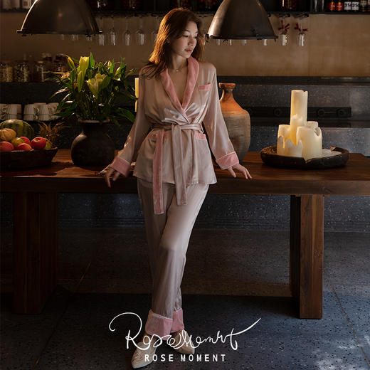 真丝丝绒翻领珍珠边长款睡袍 P02548 商品图4