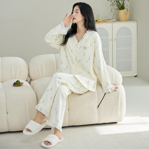 【换季出清】自然醒甜憩女士家居服100%棉长袖长裤圆领开衫睡衣QH 商品图4