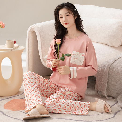 【换季出清】自然醒柔汐（带胸垫）女士家居服100%棉长袖长裤套头睡衣QH 商品图9