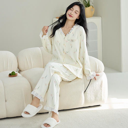 【换季出清】自然醒甜憩女士家居服100%棉长袖长裤圆领开衫睡衣QH 商品图0