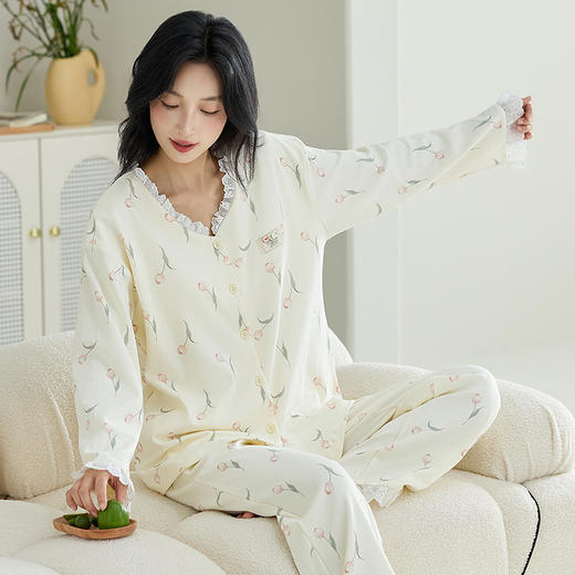 【换季出清】自然醒甜憩女士家居服100%棉长袖长裤圆领开衫睡衣QH 商品图7