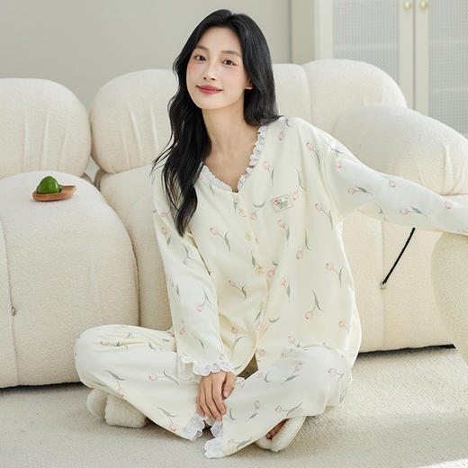 【换季出清】自然醒甜憩女士家居服100%棉长袖长裤圆领开衫睡衣QH 商品图12