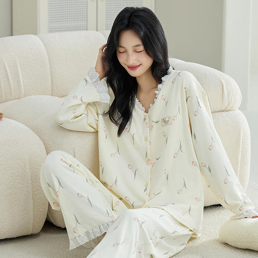 【换季出清】自然醒甜憩女士家居服100%棉长袖长裤圆领开衫睡衣QH 商品图10