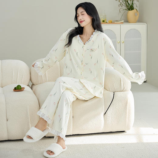【换季出清】自然醒甜憩女士家居服100%棉长袖长裤圆领开衫睡衣QH 商品图3