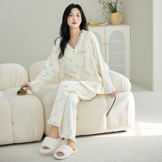 【换季出清】自然醒甜憩女士家居服100%棉长袖长裤圆领开衫睡衣QH 商品图2