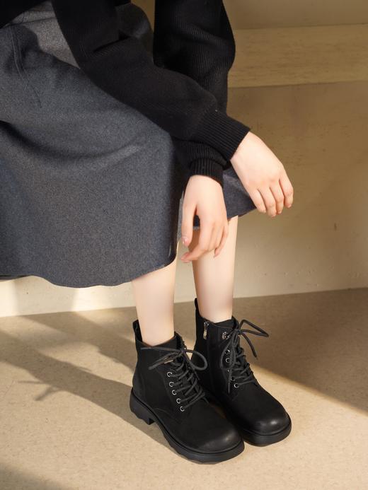 西村名物2025年冬季新款厚底粗跟防滑舒适透气系带真皮内里短靴马丁靴X25DS48761 商品图0