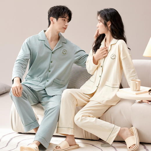 【换季出清】自然醒云梦情侣家居服100%棉加厚长袖长裤开衫睡衣QH 商品图1