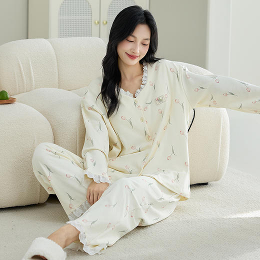 【换季出清】自然醒甜憩女士家居服100%棉长袖长裤圆领开衫睡衣QH 商品图11