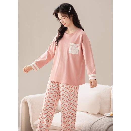 【换季出清】自然醒柔汐（带胸垫）女士家居服100%棉长袖长裤套头睡衣QH 商品图12