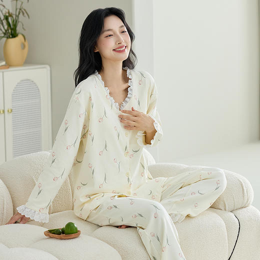 【换季出清】自然醒甜憩女士家居服100%棉长袖长裤圆领开衫睡衣QH 商品图5