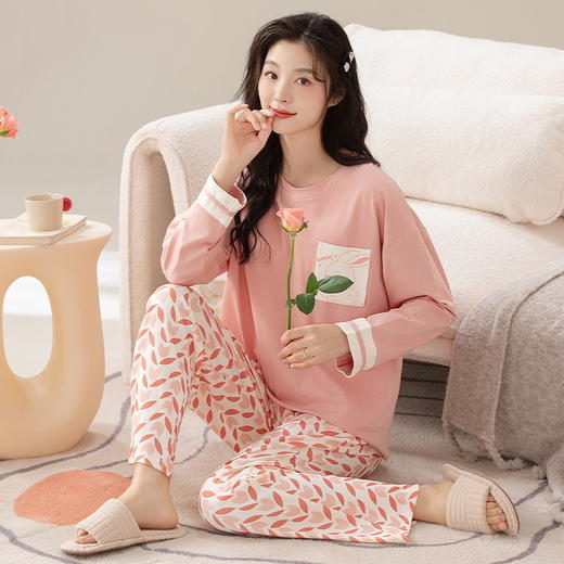 【换季出清】自然醒柔汐（带胸垫）女士家居服100%棉长袖长裤套头睡衣QH 商品图10