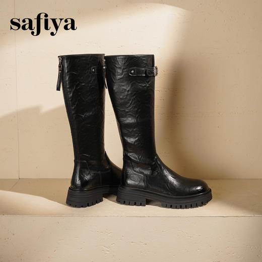 Safiya/索菲娅2025英伦风厚底粗跟褶皱弹力百搭显瘦高筒长靴SFD4117075 商品图2
