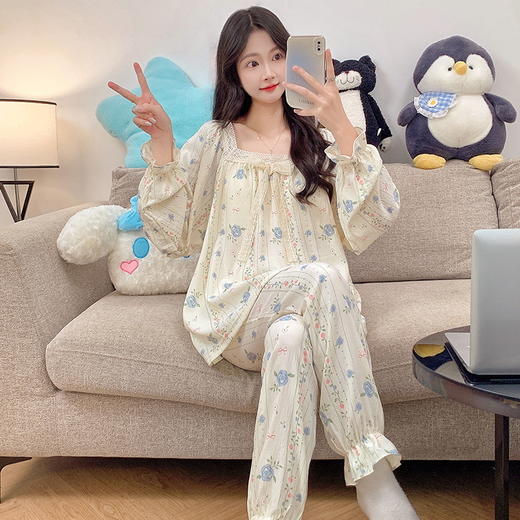 【换季出清】自然醒茉语（带胸垫）女士家居服云朵棉长袖长裤套头睡衣QH 商品图8