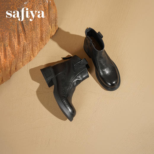 Safiya/索菲娅2025羊皮抓皱粗跟百搭厚底休闲通勤时尚英伦短靴SFD4116255 商品图0
