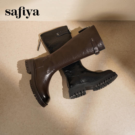 Safiya/索菲娅2025英伦风厚底粗跟褶皱弹力百搭显瘦高筒长靴SFD4117075 商品图3