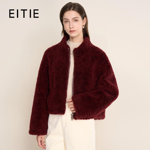 EITIE爱特爱气质立领时尚直筒红棕色颗粒绒羊毛保暖短外套D2503925 商品图0