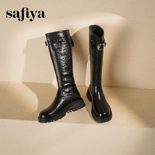 Safiya/索菲娅2025英伦风厚底粗跟褶皱弹力百搭显瘦高筒长靴SFD4117075 商品图6