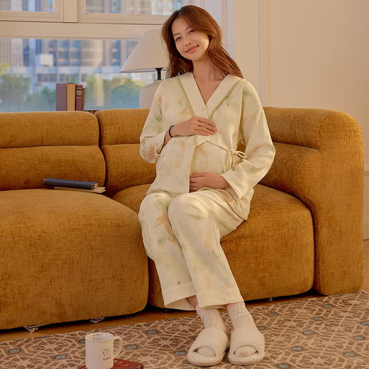 【换季出清】自然醒鸢尾牛奶丝系带月子服（带胸垫）秋冬产后纯棉11 10月份孕妇睡衣春秋季产妇待产哺乳QH 商品图4