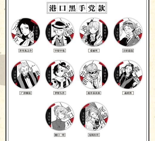 文豪野犬 港口黑手党 徽章 吧唧 10包/盒 国谷 商品图0