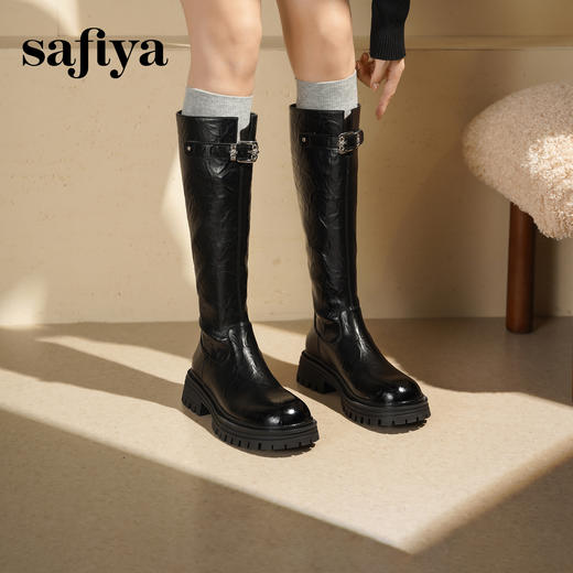 Safiya/索菲娅2025英伦风厚底粗跟褶皱弹力百搭显瘦高筒长靴SFD4117075 商品图8