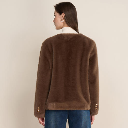 EITIE爱特爱巧克力色秋冬氛围感圆领短款环保皮草外套D2503923 商品图4