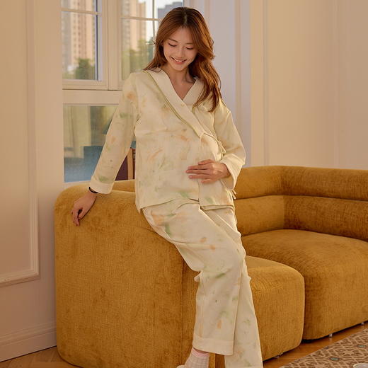 【换季出清】自然醒鸢尾牛奶丝系带月子服（带胸垫）秋冬产后纯棉11 10月份孕妇睡衣春秋季产妇待产哺乳QH 商品图3