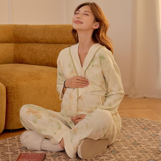 【换季出清】自然醒鸢尾牛奶丝系带月子服（带胸垫）秋冬产后纯棉11 10月份孕妇睡衣春秋季产妇待产哺乳QH 商品图9