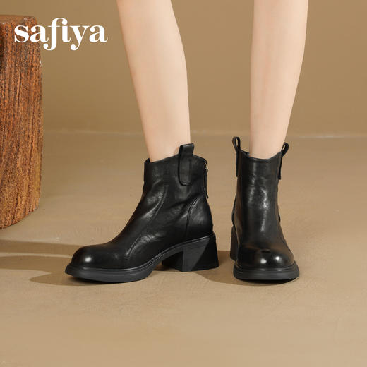 Safiya/索菲娅2025羊皮抓皱粗跟百搭厚底休闲通勤时尚英伦短靴SFD4116255 商品图5