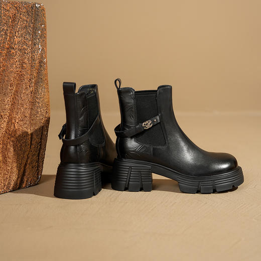 Safiya/索菲娅2025小个子烟筒厚底真皮牛皮革粗跟通勤百搭英伦切尔西靴SFD4116261 商品图4