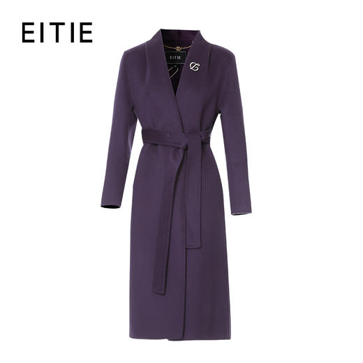 EITIE爱特爱简约领口本布腰带式收腰显瘦气质带胸针紫色保暖大衣8414102 商品图0