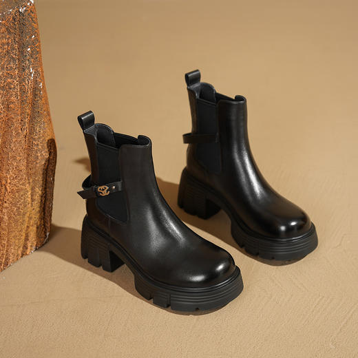 Safiya/索菲娅2025小个子烟筒厚底真皮牛皮革粗跟通勤百搭英伦切尔西靴SFD4116261 商品图3