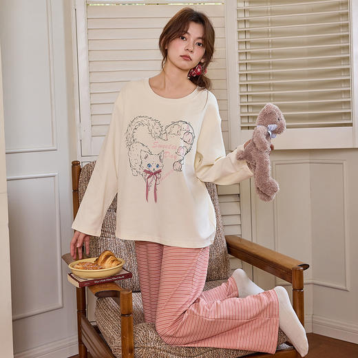 【换季出清】自然醒清甜牛奶丝家居服女款套头（带胸垫）睡衣春秋季长袖长裤卡通可爱宽松套装新款女士冬天家居服QH 商品图12