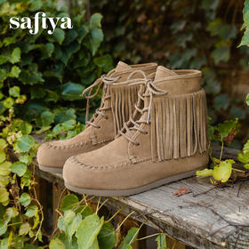 Safiya/索菲娅2025流苏游牧风系带休闲绒面复古百搭中筒西部靴SFD4116419