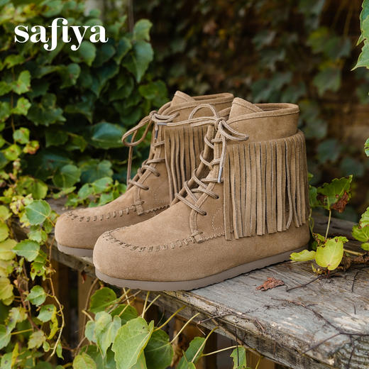 Safiya/索菲娅2025流苏游牧风系带休闲绒面复古百搭中筒西部靴SFD4116419 商品图0