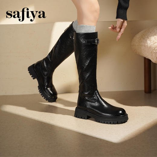 Safiya/索菲娅2025英伦风厚底粗跟褶皱弹力百搭显瘦高筒长靴SFD4117075 商品图0