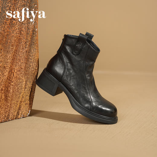 Safiya/索菲娅2025羊皮抓皱粗跟百搭厚底休闲通勤时尚英伦短靴SFD4116255 商品图4