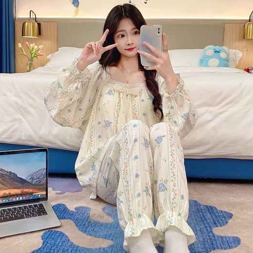 【换季出清】自然醒茉语（带胸垫）女士家居服云朵棉长袖长裤套头睡衣QH 商品图2