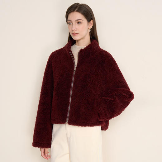 EITIE爱特爱气质立领时尚直筒红棕色颗粒绒羊毛保暖短外套D2503925 商品图2