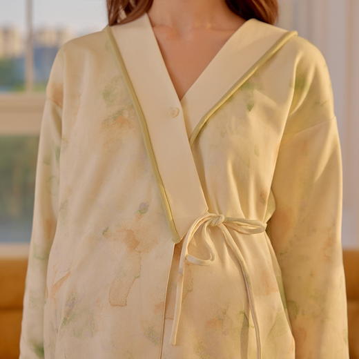 【换季出清】自然醒鸢尾牛奶丝系带月子服（带胸垫）秋冬产后纯棉11 10月份孕妇睡衣春秋季产妇待产哺乳QH 商品图12